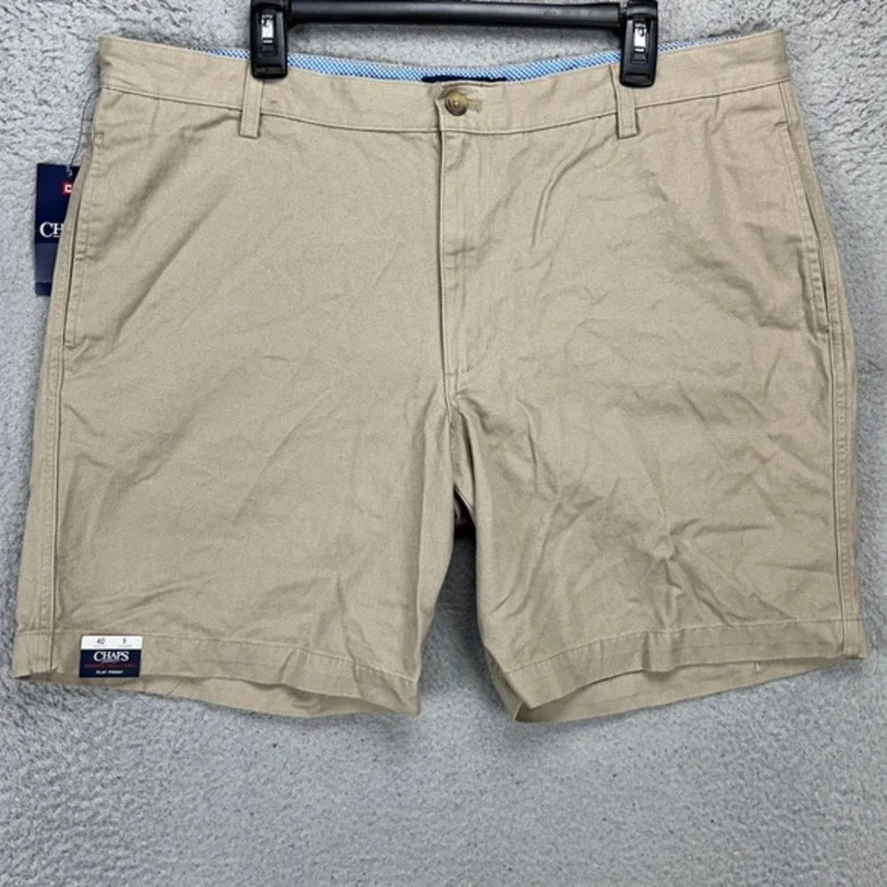 Chaps Mens Khaki Shorts 40 Tan Flat Front Pocket Casual Comfort Waist Cotton NEW